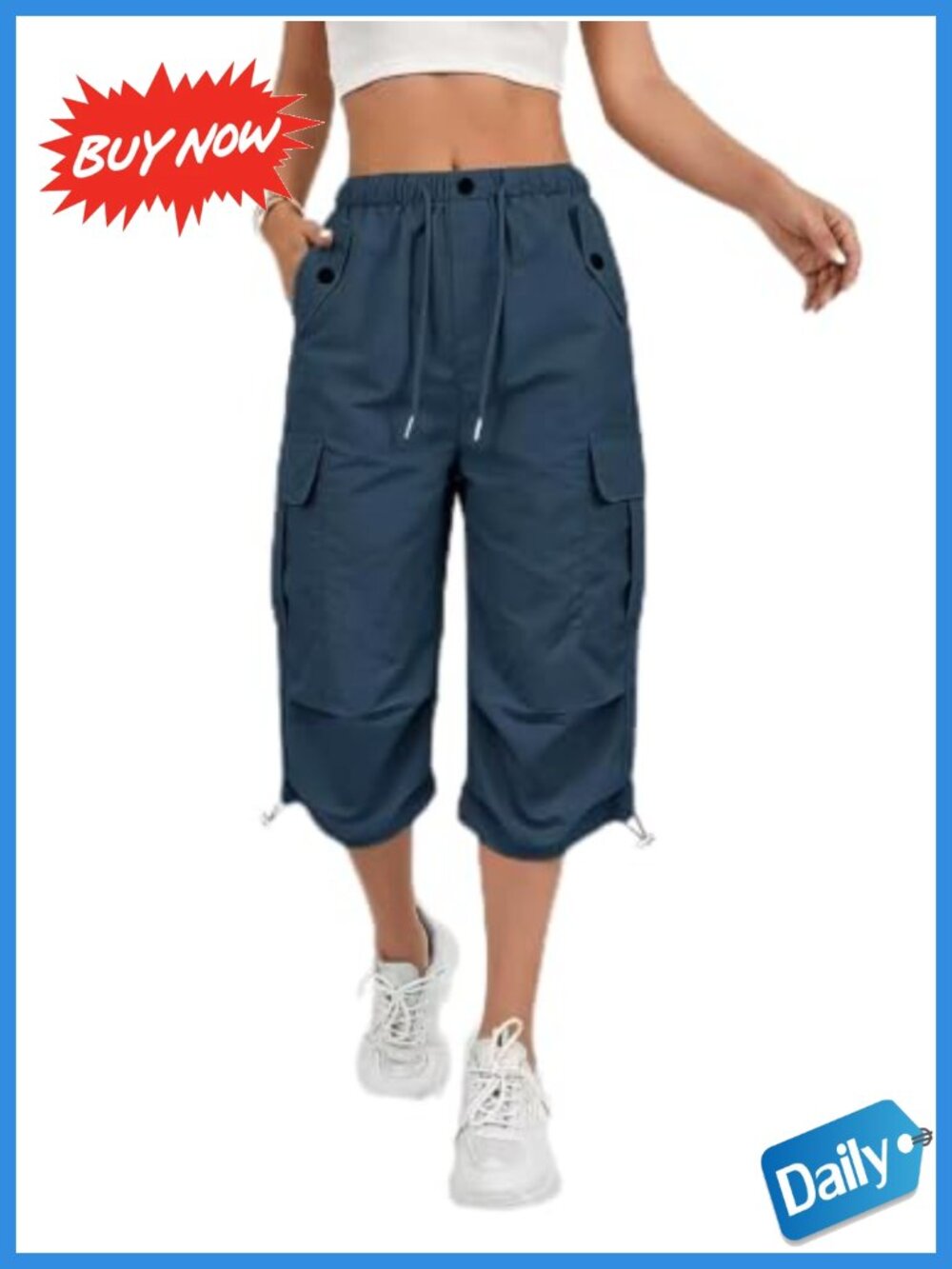 Cargo Capri Pants Elastic Waist Drawstring Adjustable Hem Pockets